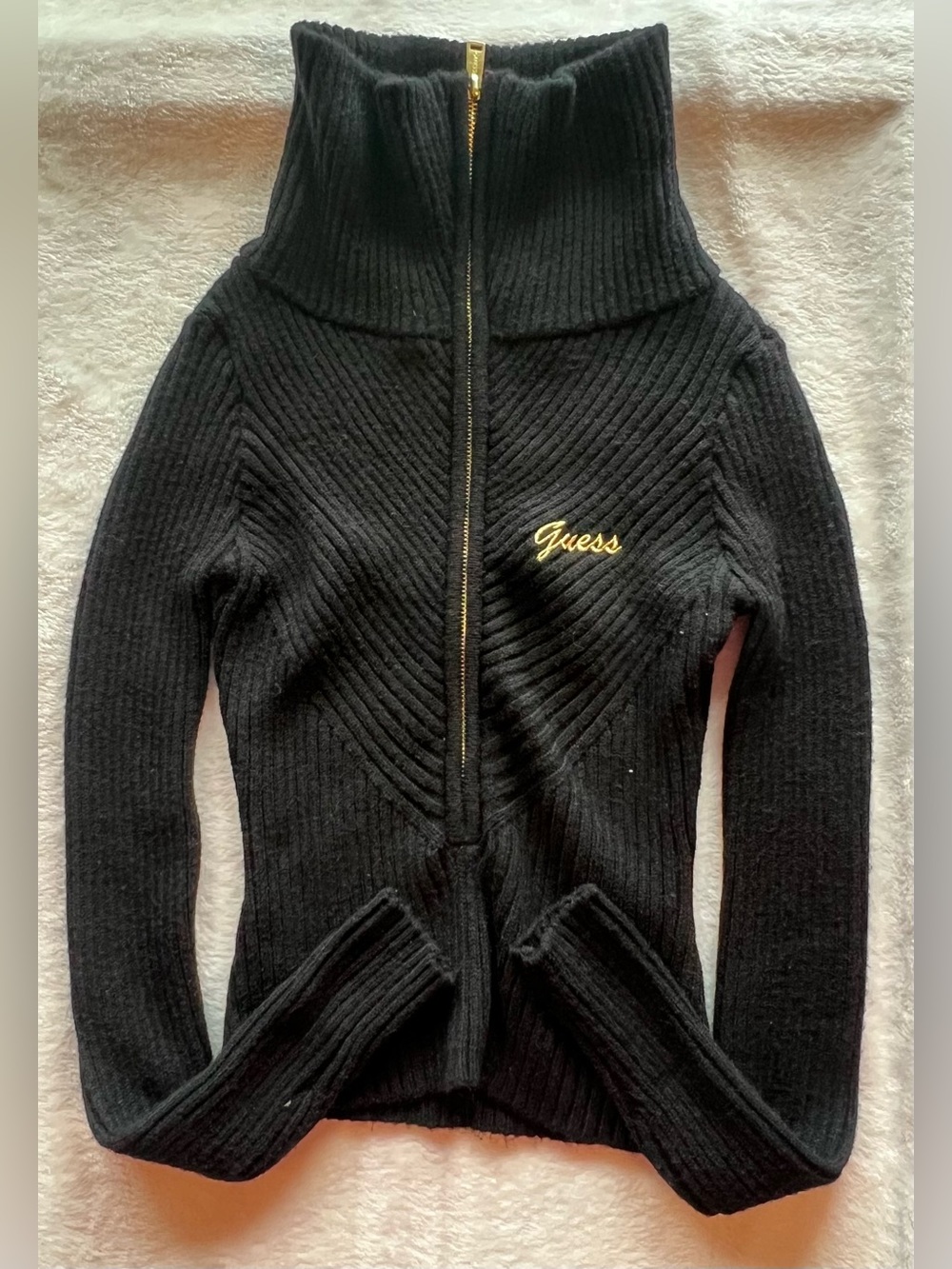 GUESS Black Ribbed Zip-Front Turtleneck Sweater with Gold Logo